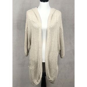 EDDIE BAUER Linen‎ Cotton Open Cardigan Sweater Sz M Oatmeal Knit Pockets Hooded